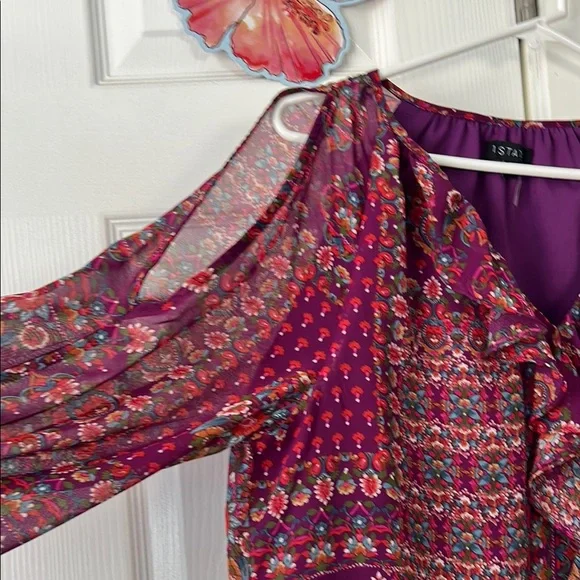 1. State Red and Purple Tie Front Ruffled Blouse - Picture 7 of 11